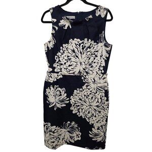 Evan Picone Sleeveless Navy & White Office Floral Sheath Dress Pleated Neckline